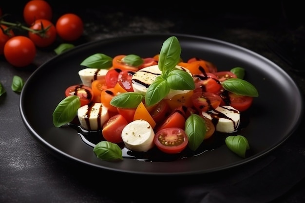 Insalata di caprese con pomodori succosi e olio d'oliva su un piatto su uno sfondo scuro AI generativa