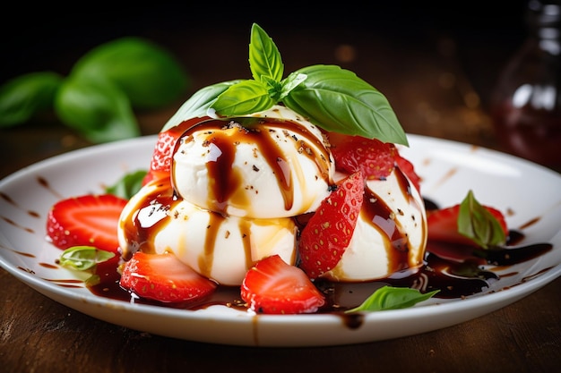 Insalata di caprese di fragole con mozzarella e basilico