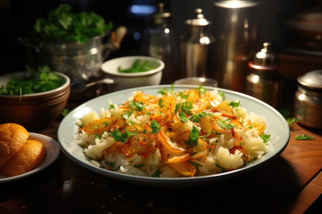 Insalata di carote grattugiata su un piatto di porcellana in una cucina generativa luminosa IA