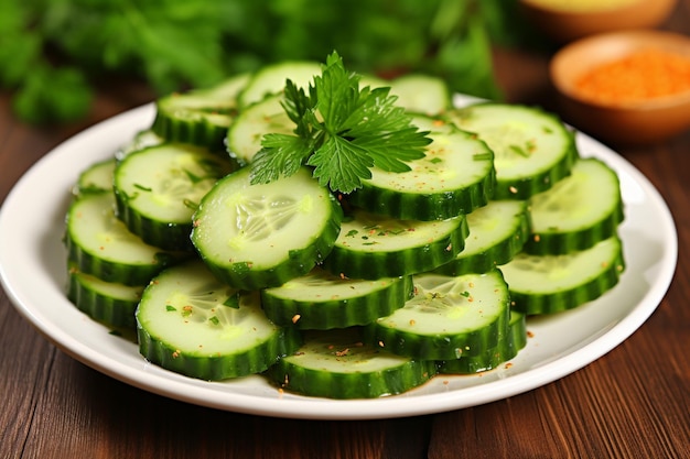 Insalata di ceci con cetriolo, spinaci, prezzemolo, cipolle e limone in un piatto