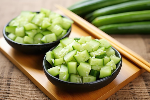 Insalata di cetrioli e avocado posizionati su una stuoia di bambù