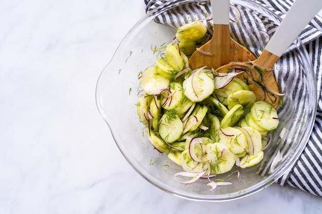 Insalata di cetrioli fresca con cetrioli affettati, cipolla viola e aneto fresco in una ciotola di vetro.