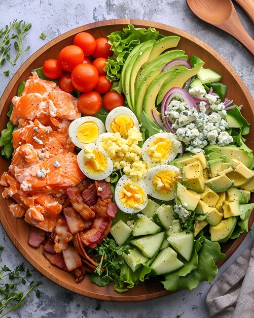 Insalata di cobb di salmone in piatto di legno