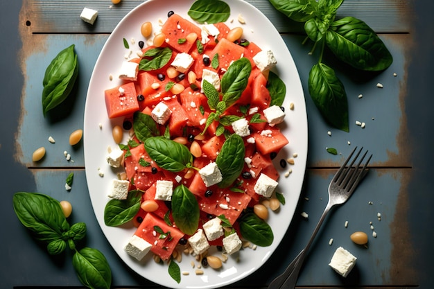 Insalata di feta all'anguria con foglie di menta al formaggio feta e palline di anguria su un tavolo di legno bianco Insalata estiva italiana che è leggera e salutare la barra spaziatrice