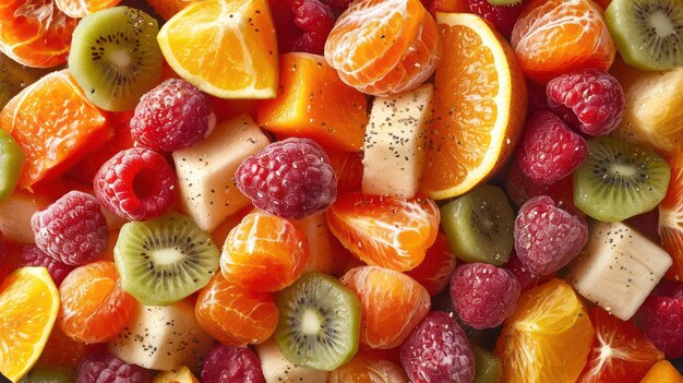 Insalata di frutta colorata che evidenzia le tonalità vibranti e le varie texture di frutta fresca