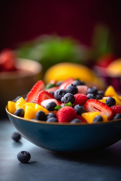 Insalata di frutta colorata in una ciotola con frutti di bosco kiwi e mango