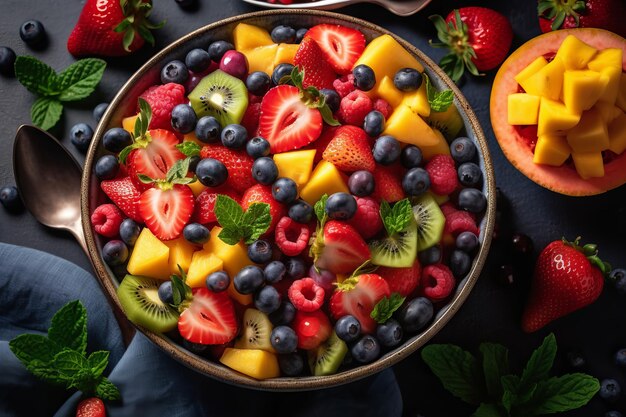 Insalata di frutta con succose fette di cocomero, ananas e fragole circondate da mirtilli e lamponi freschi