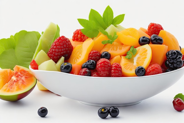 Insalata di frutta con una varietà di frutti isolati su sfondo bianco ai generativi