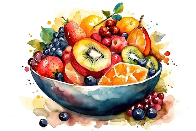 Insalata di frutta disegno ad acquerello su sfondo bianco IA generativa