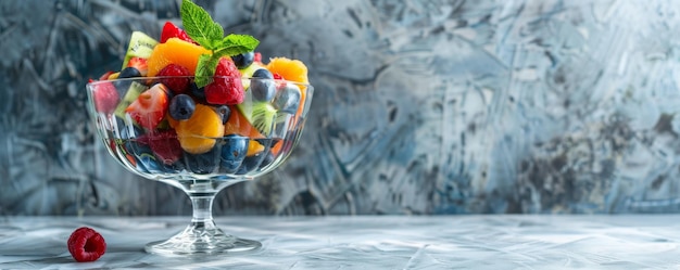 Insalata di frutta fresca in una ciotola di cristallo di vetro su uno sfondo di marmo