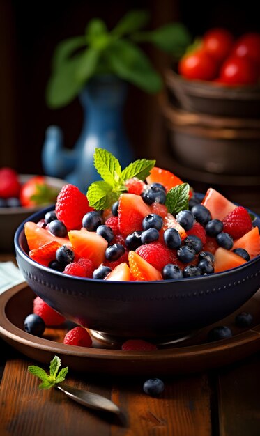 Insalata di frutta fresca in una ciotola su fondo di legno