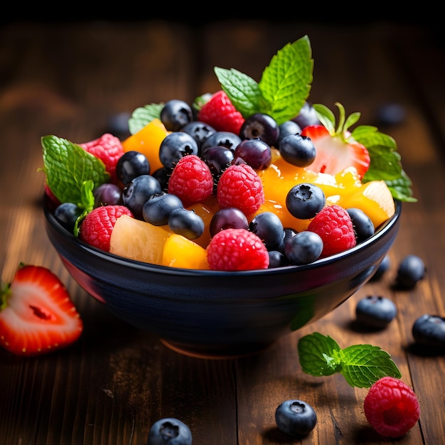 Insalata di frutta fresca in una ciotola su fondo di legno