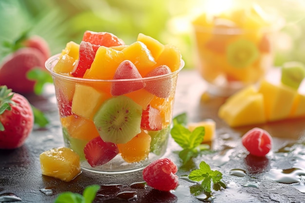 Insalata di frutta fresca in una tazza trasparente con fragole vibranti kiwi e mango su una superficie umida con la luce solare