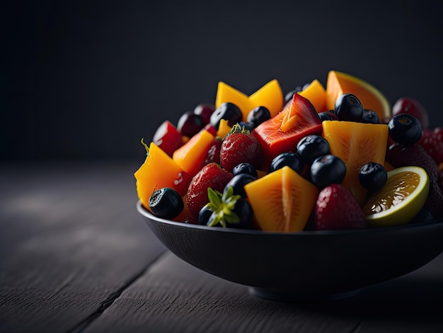 Insalata di frutta in una ciotola su sfondo nero ai generativo