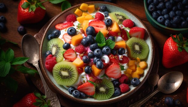 Insalata di frutti di bosco freschi con yogurt muesli e contorno di foglie di menta generato da AI