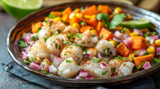 Insalata di frutti di mare freschi con gamberetti dolce mais peperoncino lime e erbe sulla tavola rustica