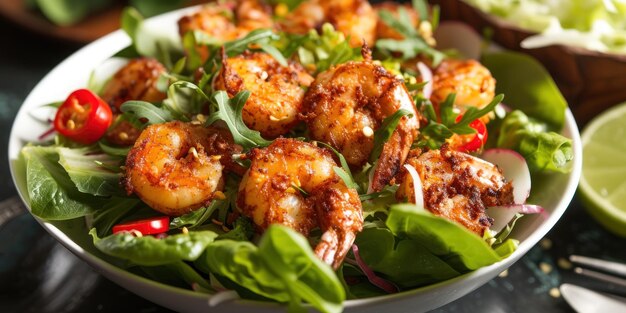 Insalata di gamberetti con lattuga e pomodori.