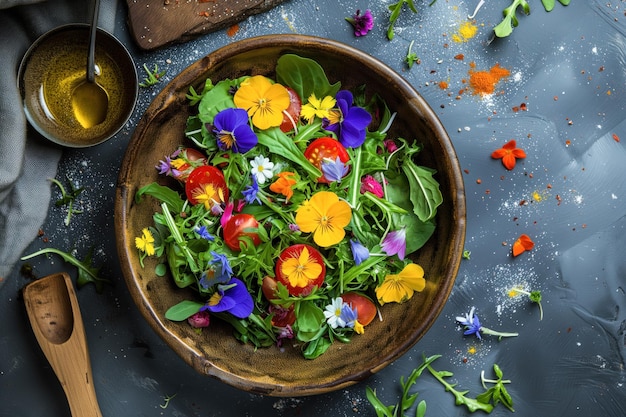 Insalata di giardino fresca con fiori commestibili