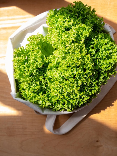 Insalata di lattuga fresca in eco shopping bag vista dall'alto Vita sostenibile Negozio concetto locale Borsa di tela vegetale a foglia verde