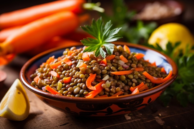 Insalata di lenticchia con peppersone e carota in una ciotola su uno sfondo di ardesia nera