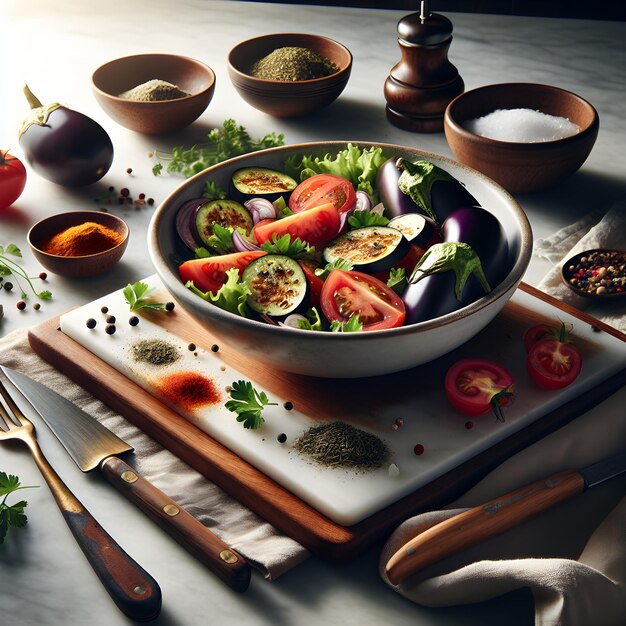 Insalata di melanzane Zaalouk fresca sul bancone di marmo