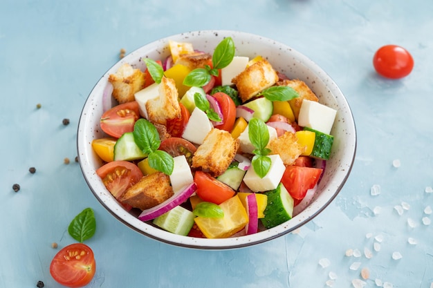 Insalata di panzanella, pane italiano e insalata di verdure fresche. Copia spazio.