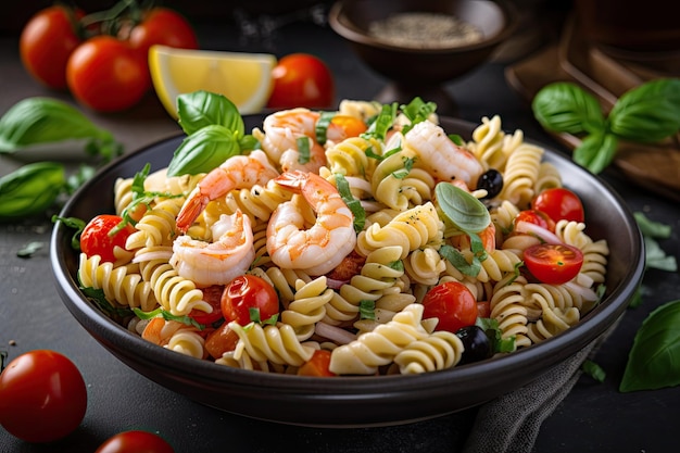 Insalata di pasta con gamberi pomodorini e basilico per il pranzo estivo