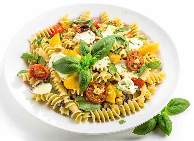 Insalata di pasta con verdure su sfondo bianco