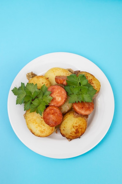 Insalata di patate fritte e salsicce affumicate sul piatto