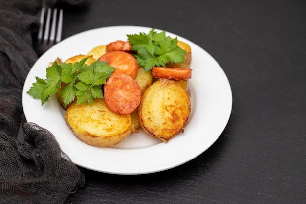 Insalata di patate fritte e salsicce affumicate sul piatto