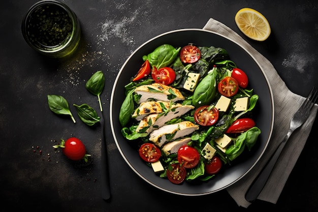 Insalata di pollo fatta con verdure fresche e spinaci di pollo grigliati pomodori avocado limone