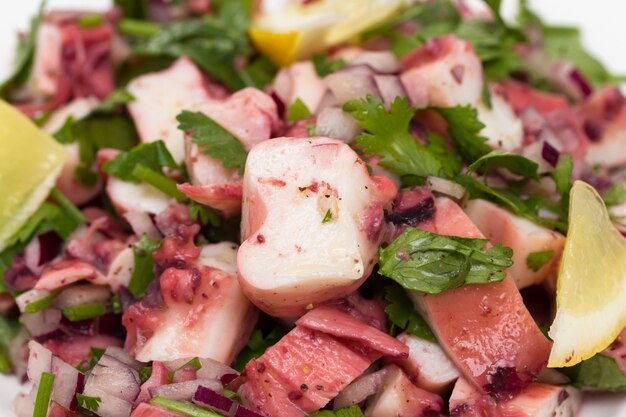 Insalata di polpo con limone sul piatto bianco su superficie di legno