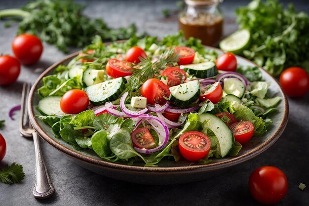 insalata di pomodori cetrioli cipolle rosse e foglie di lattuga sano menu vitaminico estivo vegano