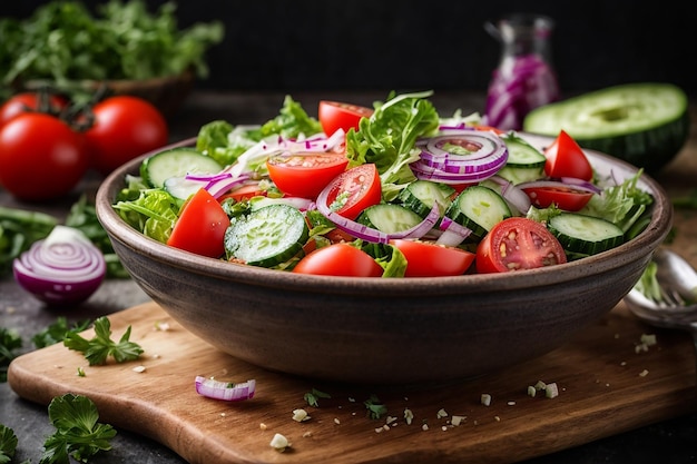 insalata di pomodori cetrioli cipolle rosse e foglie di lattuga sano menu vitaminico estivo vegano