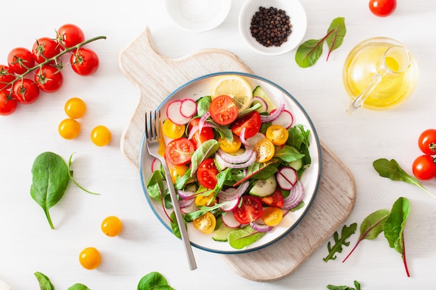 Insalata di pomodori vegani colorati sani con cetriolo, ravanello, cipolla