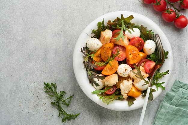 Insalata di pomodorini Panzanella toscana con rucola basilico mozzarella e cracker di pane su ciotola bianca Insalata italiana tradizionale Cibo sano mediterraneo e