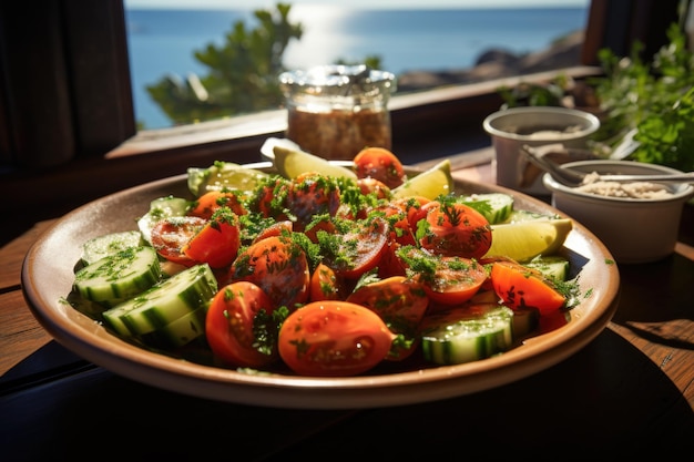 Insalata di pomodoro e cetriolo in un ristorante mediterraneo sul mare generativo IA