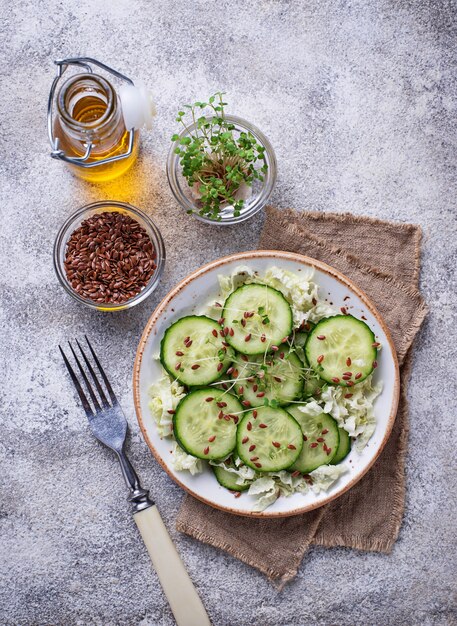 Insalata di primavera sana con cetrioli, semi di lino e crescione