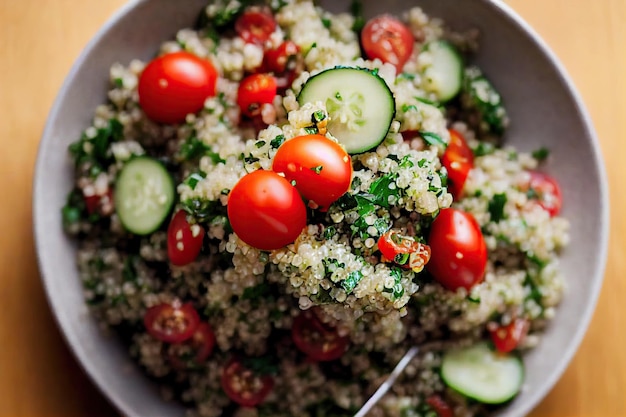 Insalata di quinoa con pomodorini freschi lucidi in una ciotola profonda sul tavolo