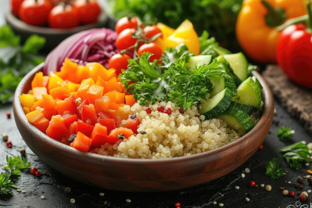 Insalata di quinoa con verdure a cubetti e prezzemolo