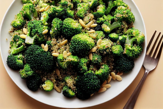 Insalata di quinoa vegetale con infiorescenze luminose e sane di cavolo broccolo