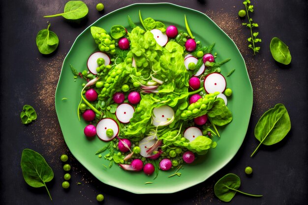 Insalata di ravanello verde vegano con vitamine verdi e piselli nel piatto