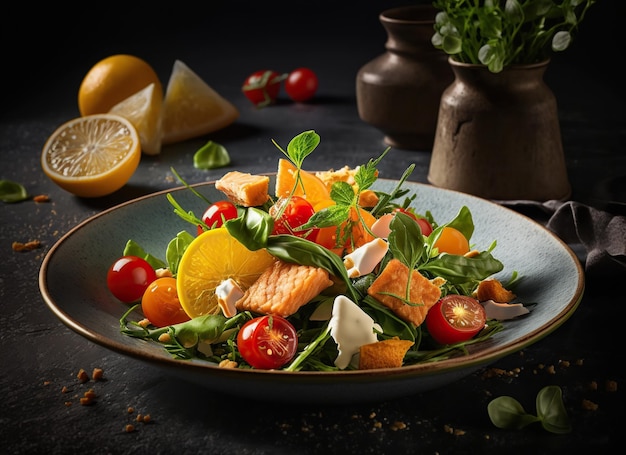 Insalata di salmone affumicato con rucola pomodorini e crostini di pane