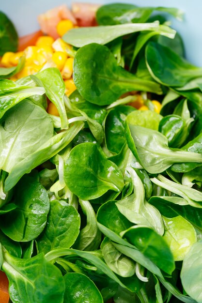 Insalata di spinaci, mais, pomodori e cetrioli con olio d'oliva. Il cibo è una corretta alimentazione. Cibo vegetariano