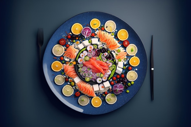 Insalata di sushi con piastra blu