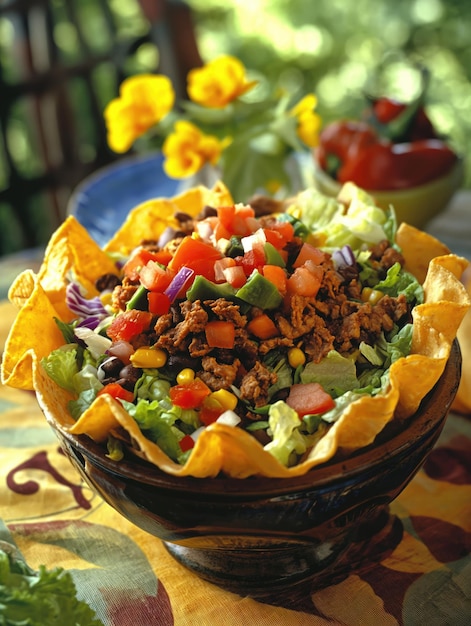 Insalata di taco servita in una ciotola di tortilla fritta