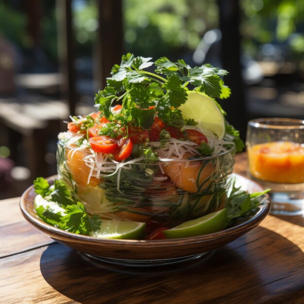 Insalata di tagliatelle di vetro thailandese piccante Yum Woon Sen Insalata piccante e piccante con bicchiere Cucina thailandese