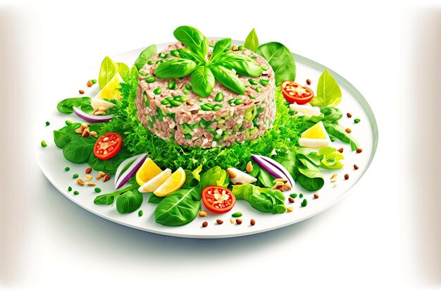 Insalata di tonno con tante verdure fresche e foglie di lattuga