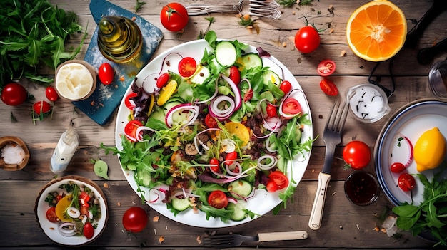 Insalata di verdure e sana con pomodorini, lattuga, avocado, cipolle e cetriolo Menu dietetico