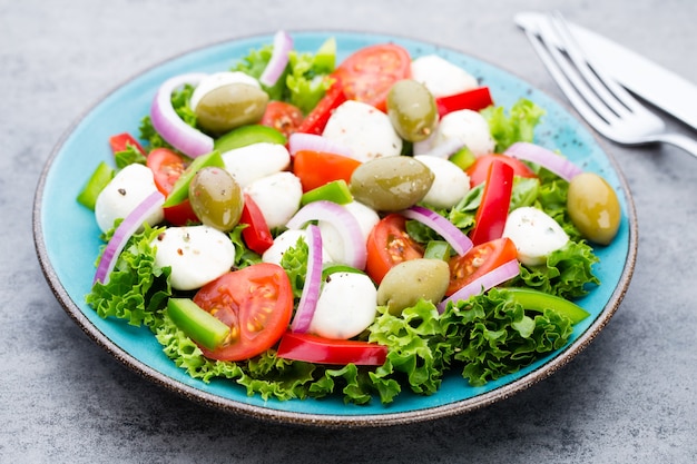 Insalata di verdure fresche. Caprese. Insalata caprese. Insalata italiana. Insalata mediterranea. Cucina italiana.